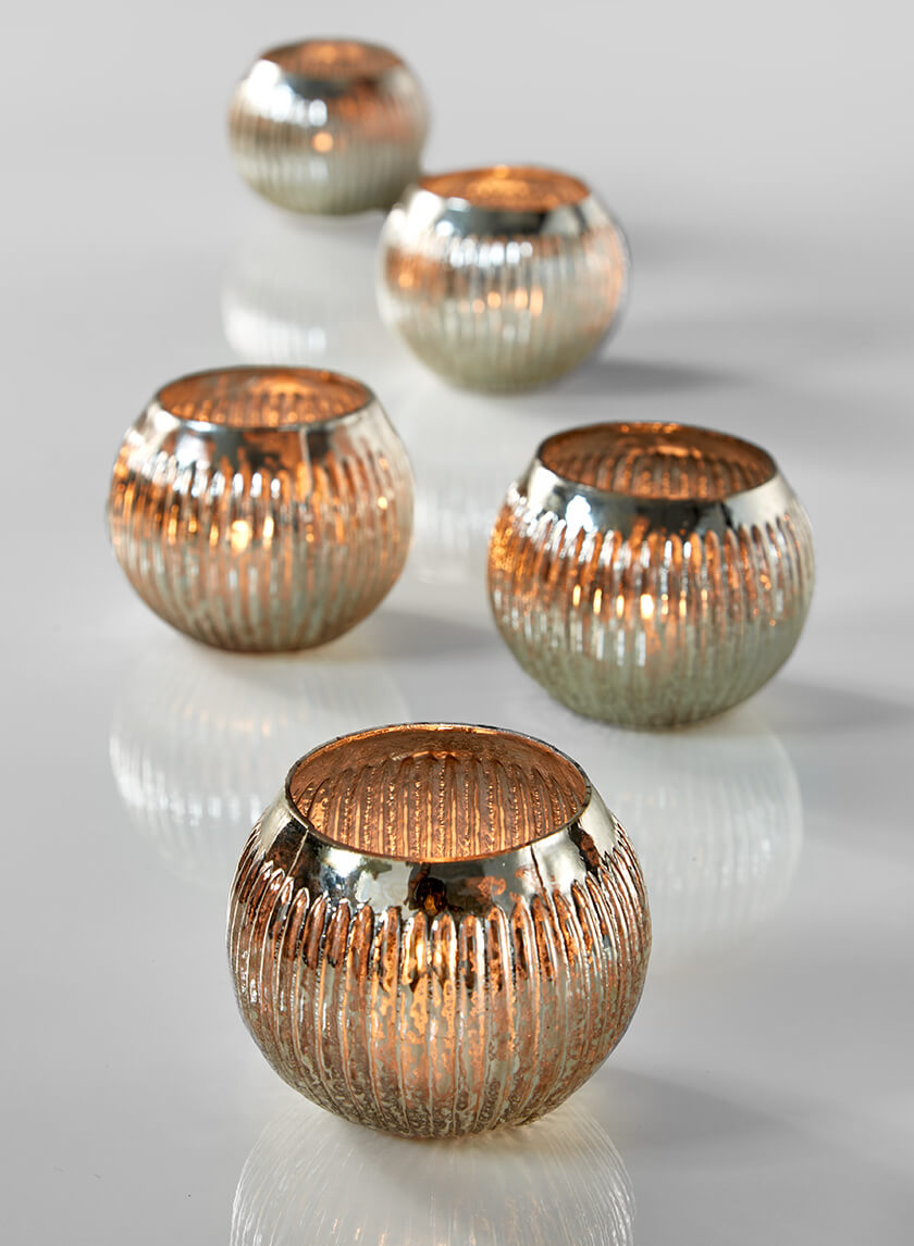 3.5in Wide Ribbed Vintage Mercury Glass Roly Poly, Set of 4 Decor Jamali Garden