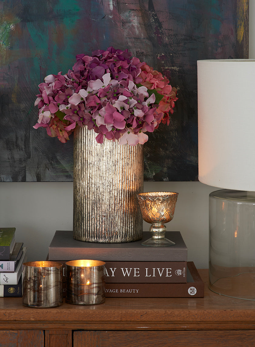 4in Tall Antique Silver Coupe Glass Candleholder, Set of 4 Decor Jamali Garden