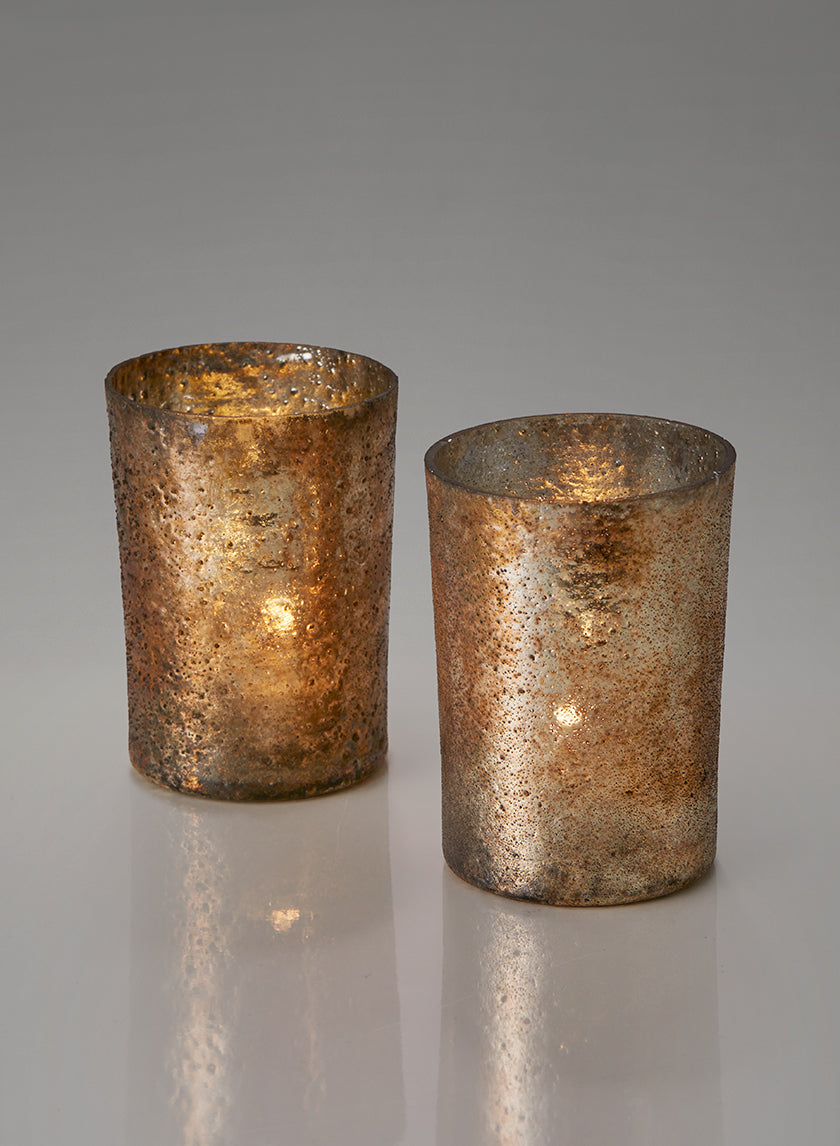 4in Tall Vintage Bronze & Silver Glass Votive Decor Jamali Garden