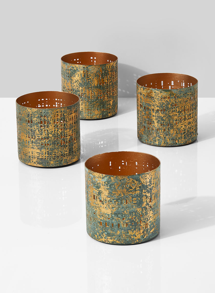 3.25in Tall Verdigris & Gold Pierced Iron Votive Holder Decor Jamali Garden