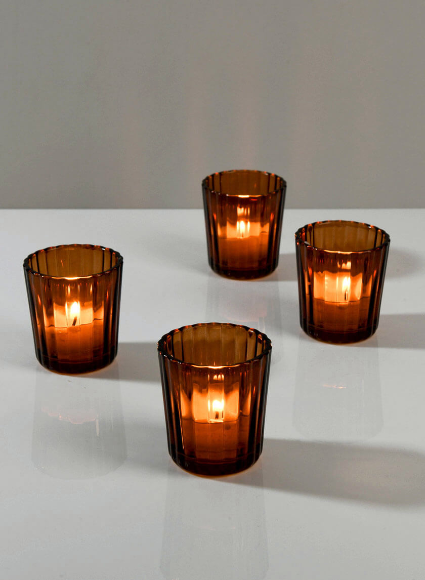 2.5in Tall Dark Amber Fluted Glass Votive Holder, Set of 4 Decor Jamali Garden