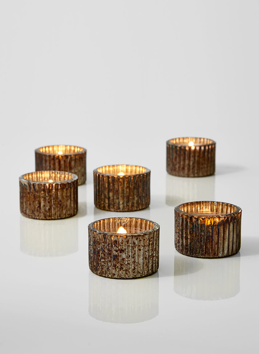 2in Wide Ribbed Rust & Silver Tea Light Glass Holders, Set of 6 Decor Jamali Garden