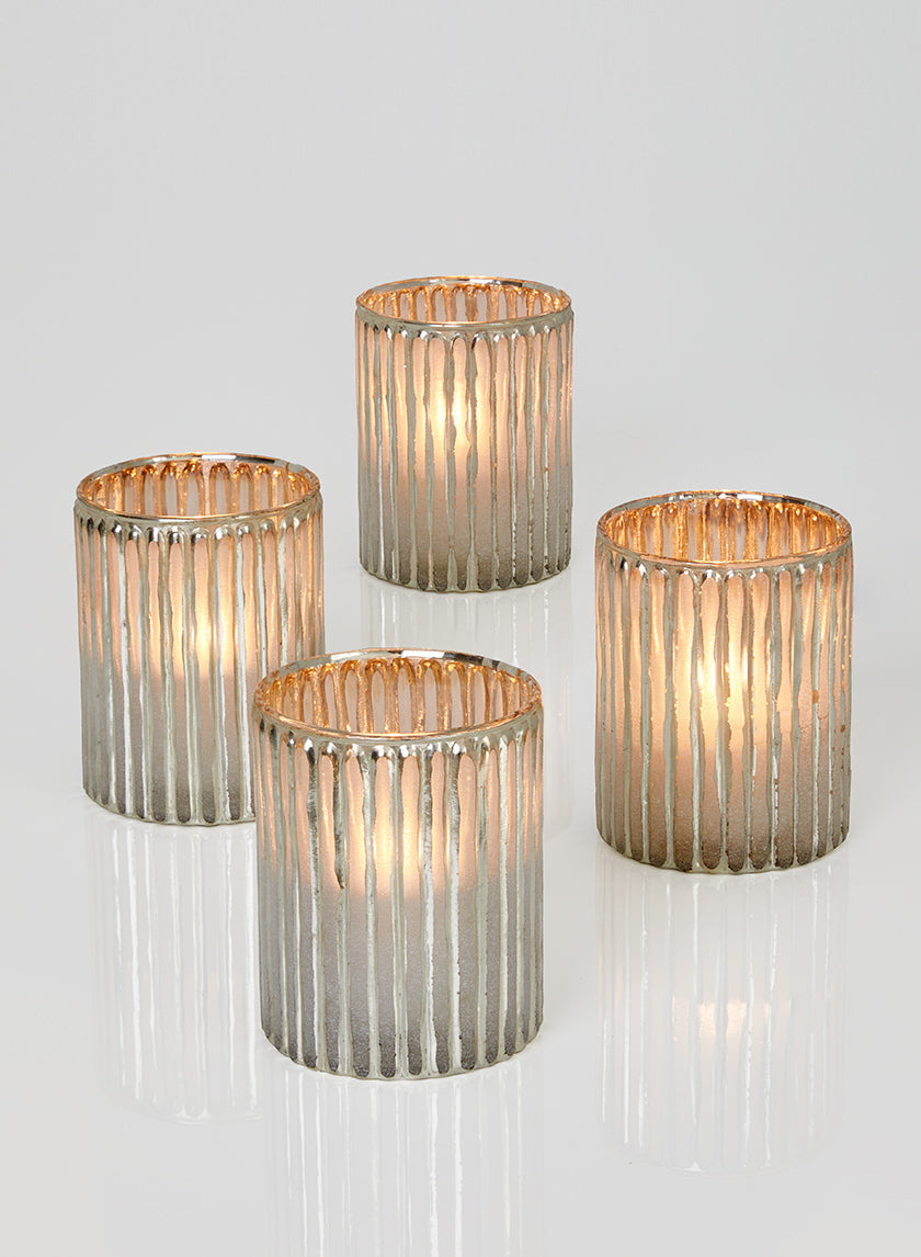 4in Tall Silver Corrugated Glass Votive Holder Decor Jamali Garden