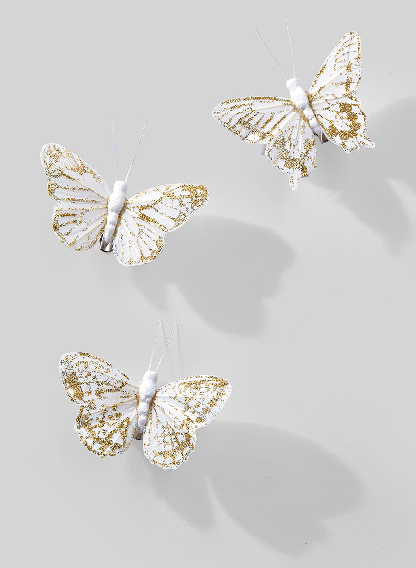 3in Long Gold Glittered White Butterfly, Set of 12 Decor Jamali Garden