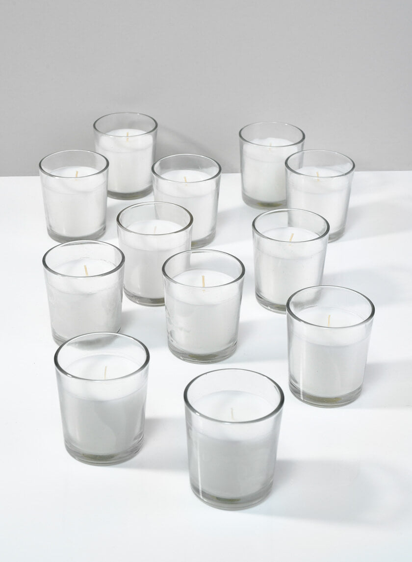 3in Tall White Votives In Clear Glass, 24-Hour, Set of 12 Decor Jamali Garden