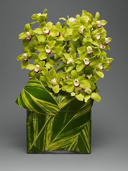 A leaf-wrapped vase holds L'Olivier's 'Rainforest In Green' arrangement with Cymbidium orchids.