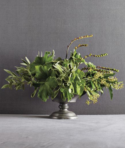 real simple flowerless foliage thanksgiving centerpiece with geranium leaves sage, crocosmia, ivy seeds in metal bowl 