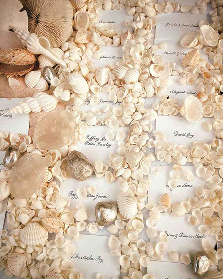 A sea of shells on a beach wedding escort card table.