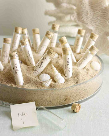 'Seating card in a bottle' escort cards.
