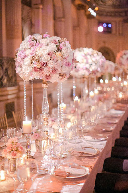 Fairytail Wedding: Roses & mercury glass pillar holders. 