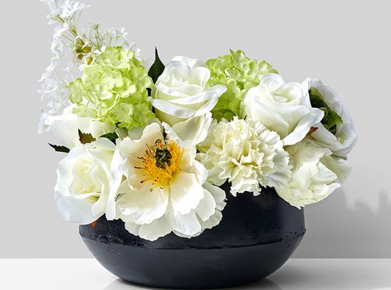 peony carnation ranunculus white and green silk flower centerpiece