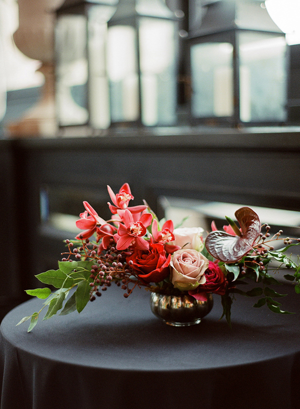 anthurium and orchid cocktail table floral arrangement