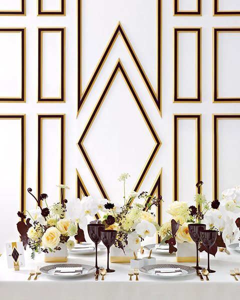 black gold white wedding tablescape