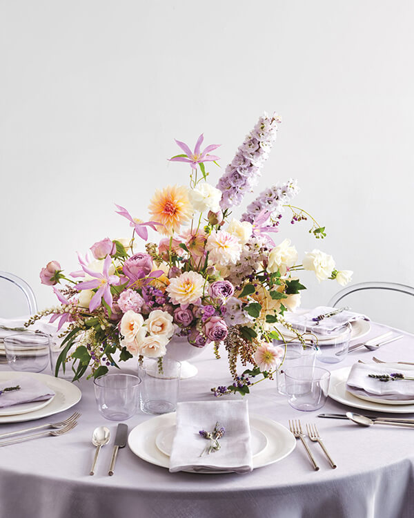 martha stewart gray lavender wedding colors centerpiece tablescape