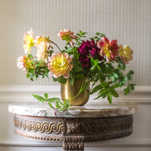brass vase with dahlia floral arrangement sidra forman flower magazine