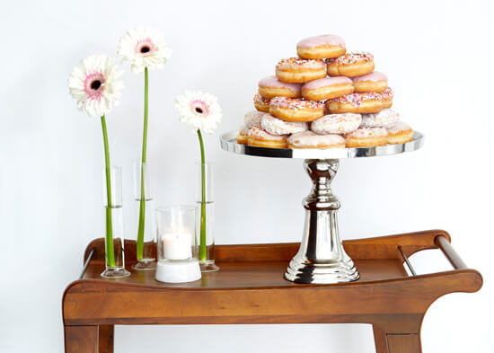nickel cake plate stacked with donuts
