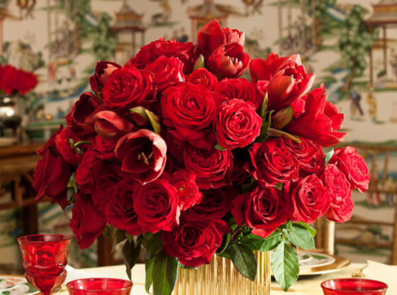 christmas centerpiece of red roses amaryllis tulips