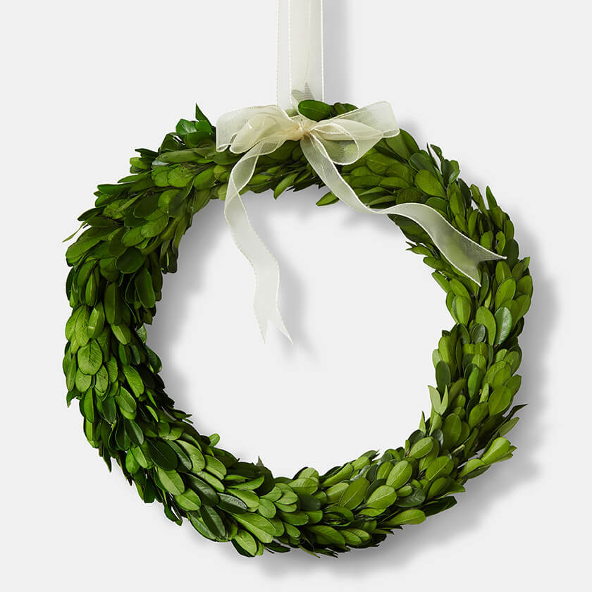 preserved boxwood wreath with ribbon bow