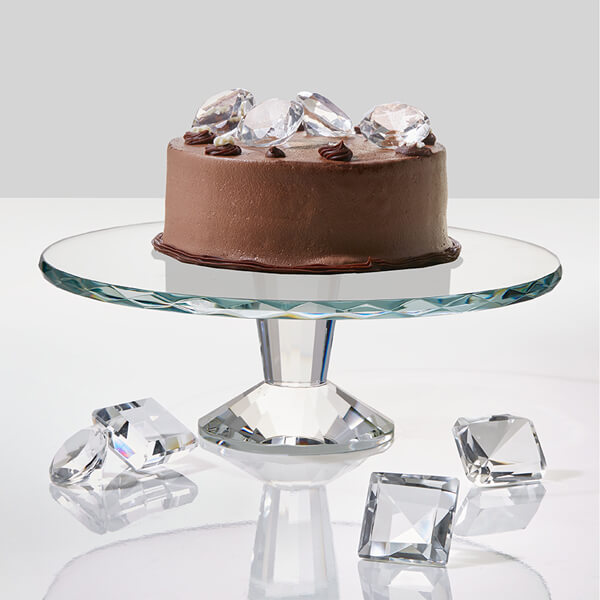 chocolate cake on crystal cake plate