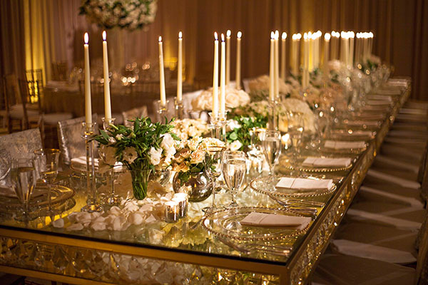 gold glass crystal candlesticks wedding tent tablescape 
