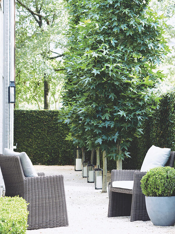 modern garden with gray planter with boxwood ball black lanterns and outdoor chairs