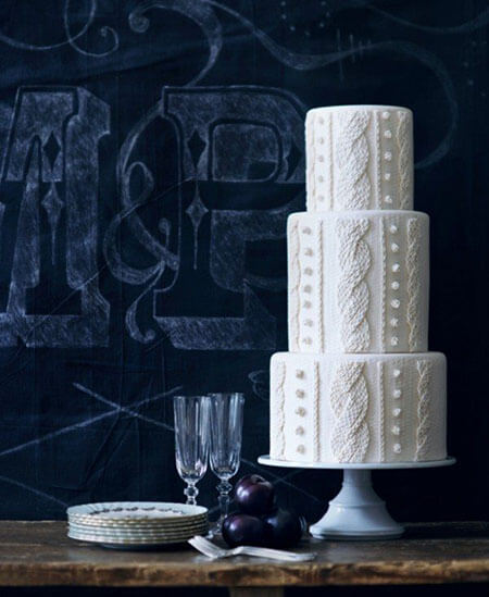 3 tier white wedding cake with masculine cable knit design