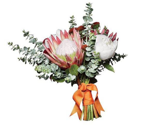 bridal bouquet with eucalyptus and proteas