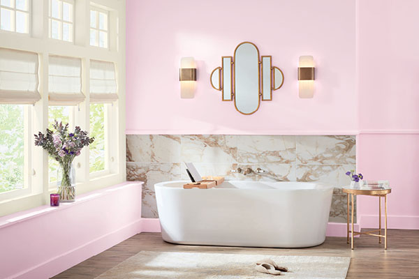 Valspar sleepy hollow pink painted bathroom with white tub