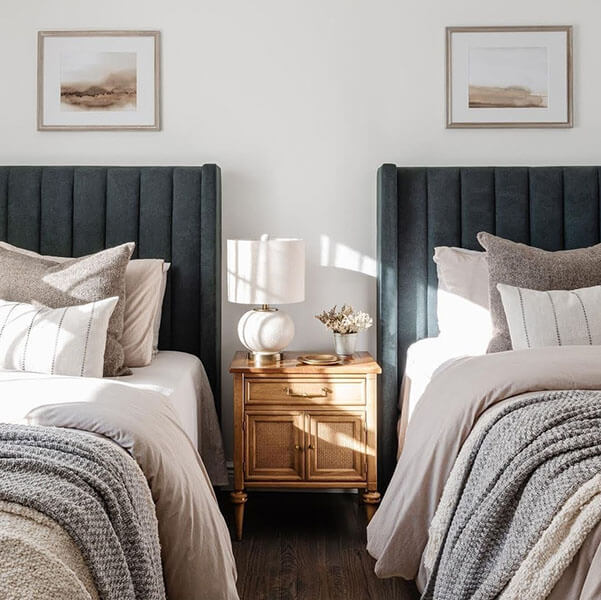 guest bedroom twin beds with channel headboards