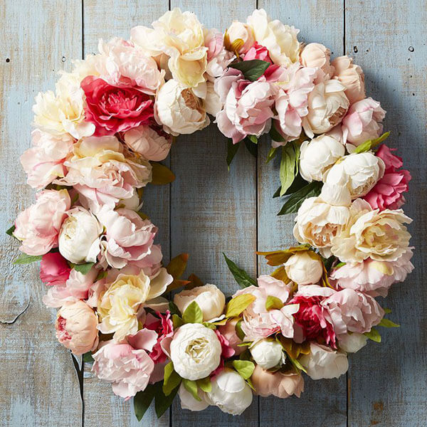 silk peony wreath with white, light pink, and pink peonies