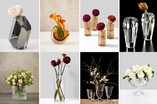 The best glass vases 2026 in a product collage, including smoky gray, amber, ribbed, clear, and footed designs with floral accents.