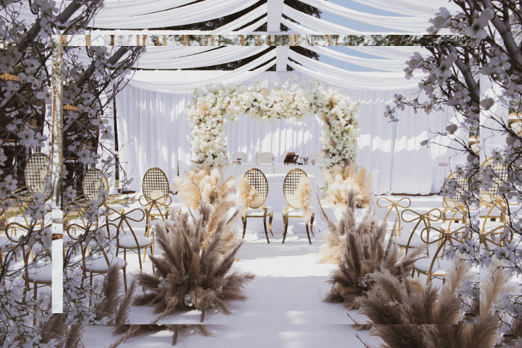 Wedding ceremony design featuring pampas grass arrangements, gold chairs, and a large white floral arch under draped fabric.