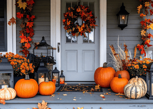 A cozy front porch decorated for autumn with various pumpkins, orange chrysanthemums, lanterns with candles, and fall-themed wreaths and garlands featuring red, orange, and yellow leaves surrounding the doorway.