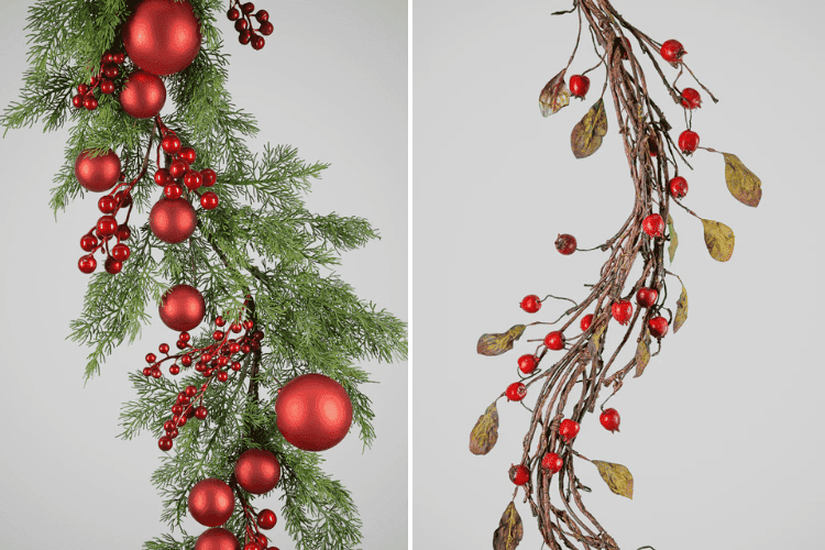 Christmas garlands decorated with red baubles, berries, and pine greenery alongside a rustic berry vine.