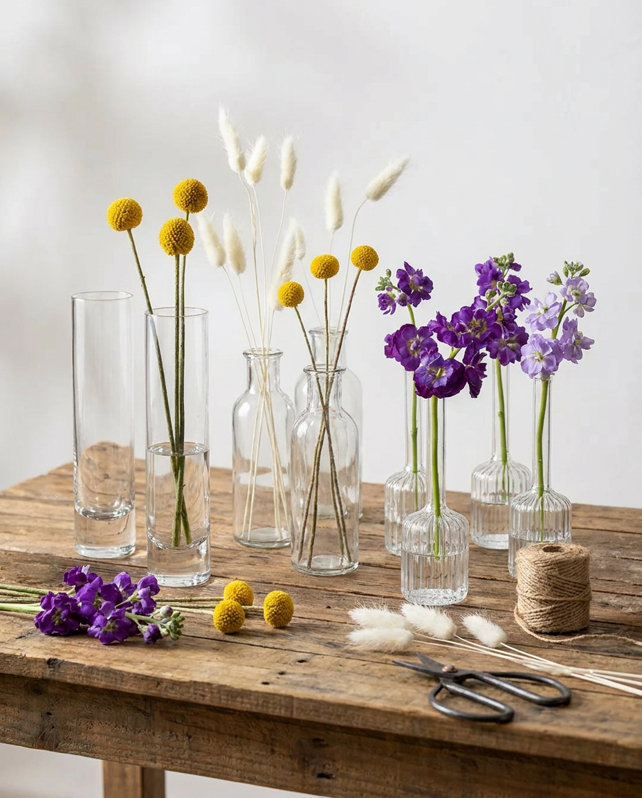 A clear vase with water holds six vibrant orange-red calla lilies, set on a wooden surface against a neutral, textured background.