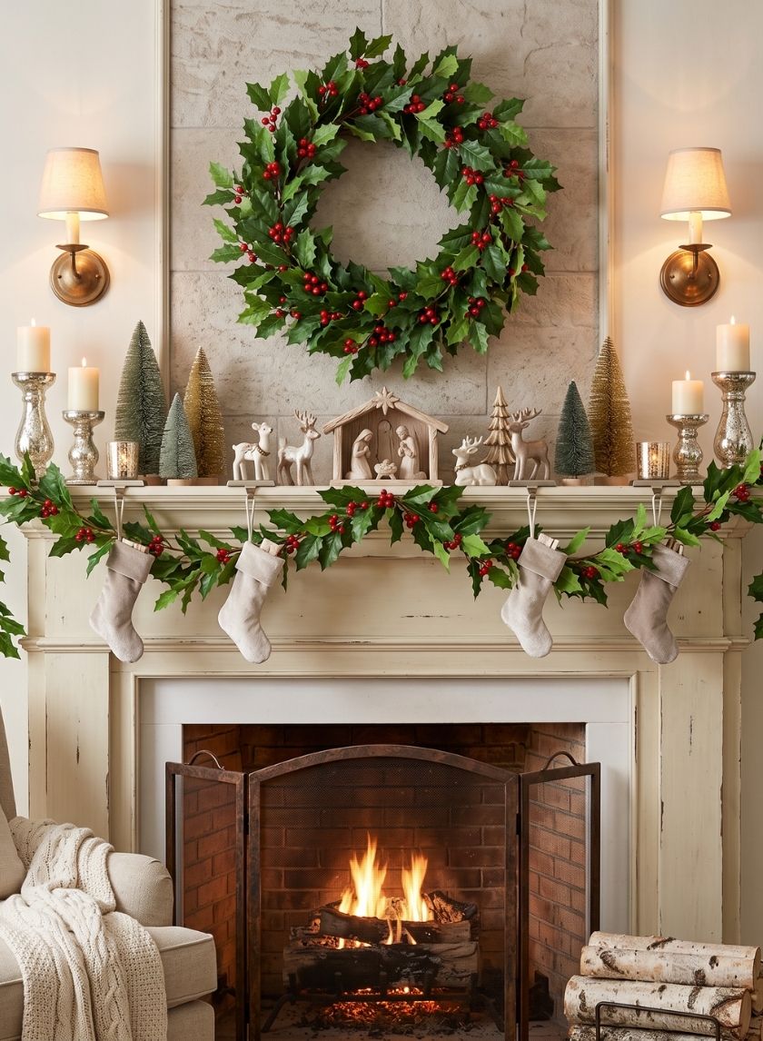 A collage shows a potted mini Christmas tree, six gold and black ornaments, a wreath with pinecones and berries, and a deer figure with a festive garland around its neck.