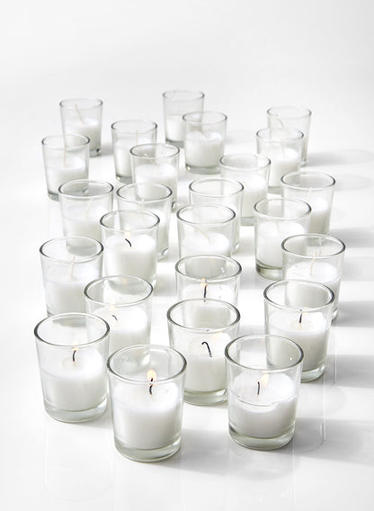 10-Hour 2in Tall White Votive In Clear Glass, Set of 25 Decor Jamali Garden
