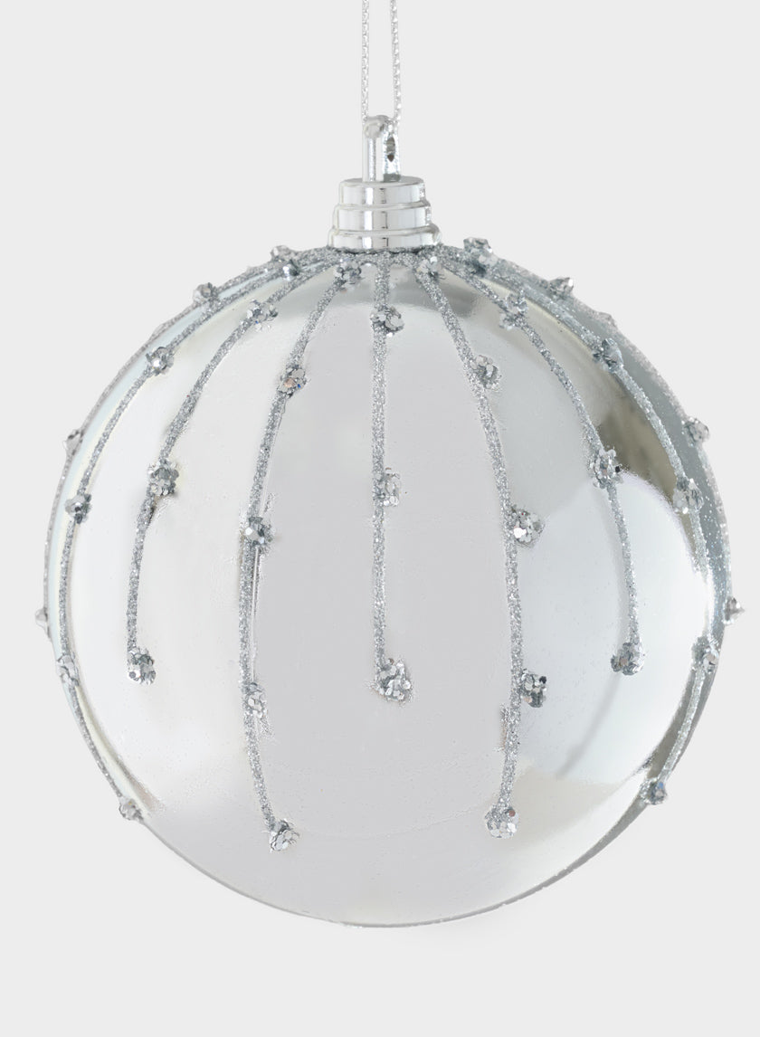 4in Round Silver Dust Lined Shiny Silver Plastic Ornament Ball Decor Jamali Garden