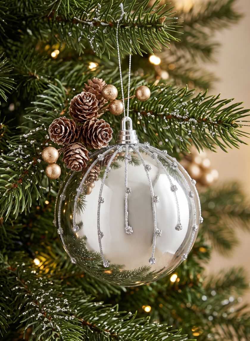 4in Round Silver Dust Lined Shiny Silver Plastic Ornament Ball