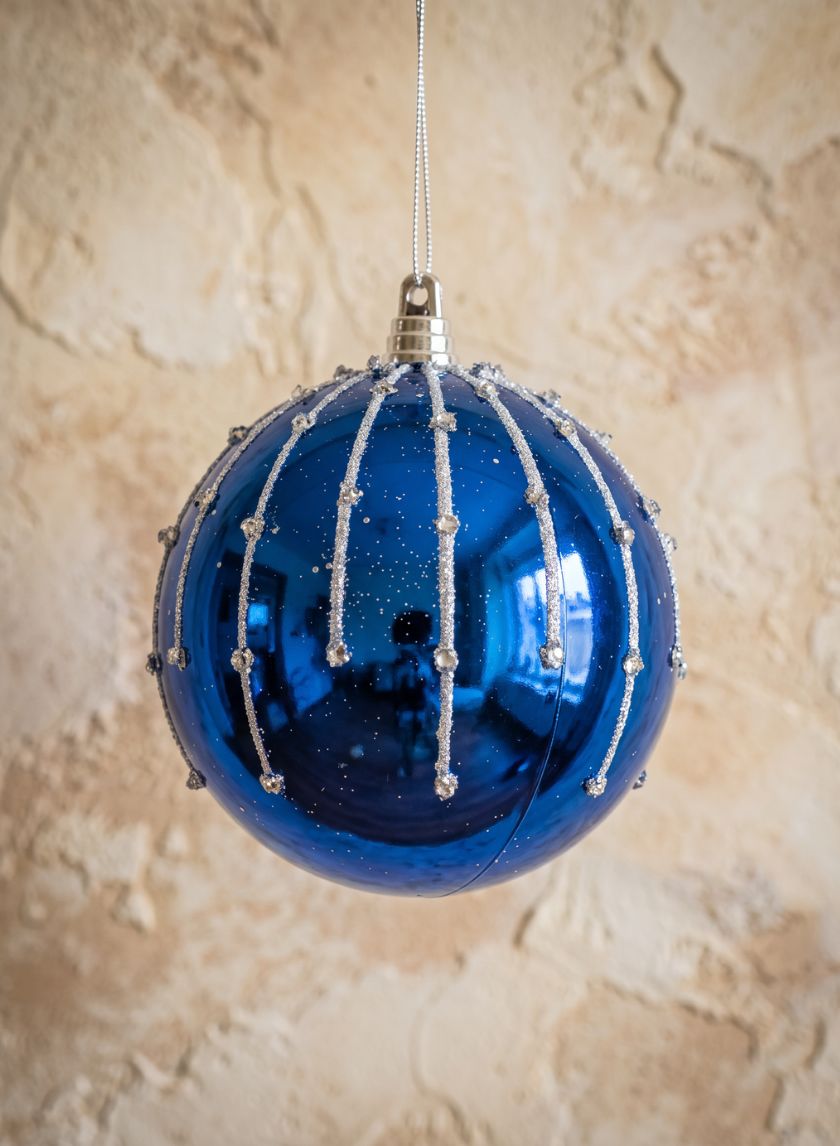 4in Round Silver Dust Lined Cobalt Blue Plastic Ornament Ball Decor Jamali Garden