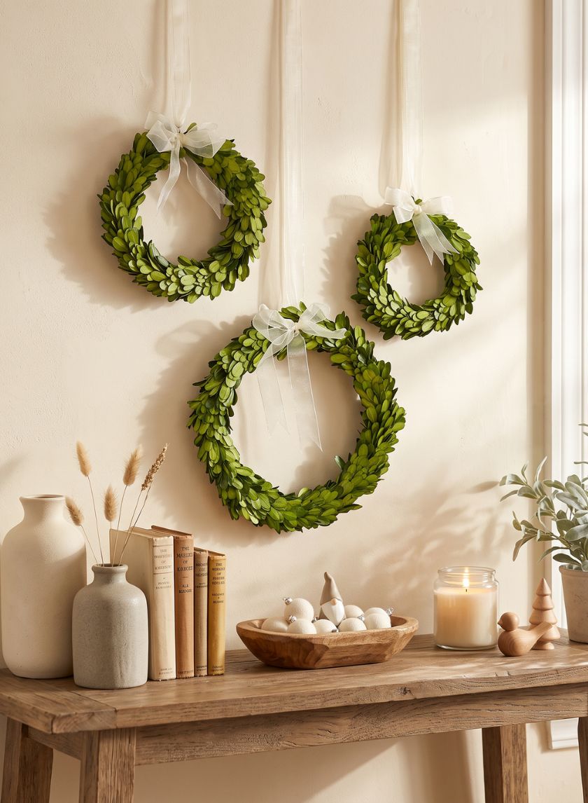 6in, 7 1/2in, and 10in Wide Ribbon Boxwood Wreath Set Decor Jamali Garden