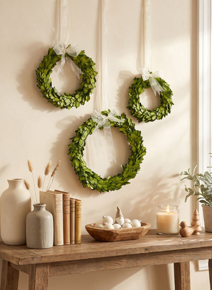 6in, 7 1/2in, and 10in Wide Ribbon Boxwood Wreath Set Decor Jamali Garden