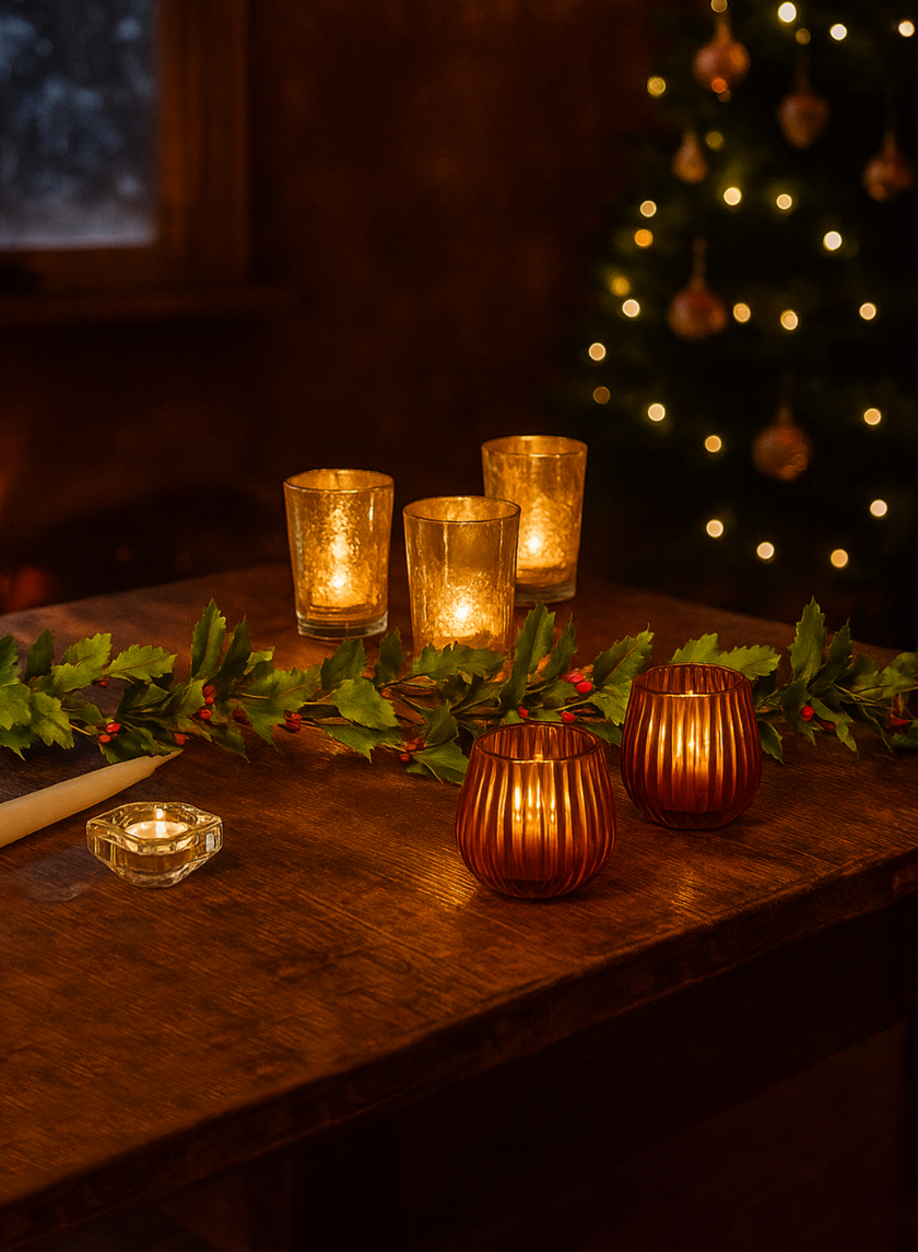 A wooden table features a 3in Tall Amber Onion Optic Glass Candleholder, Set of 4, adorned with holly garland. In the background, a lit Christmas tree with ornaments creates a warm and festive atmosphere.