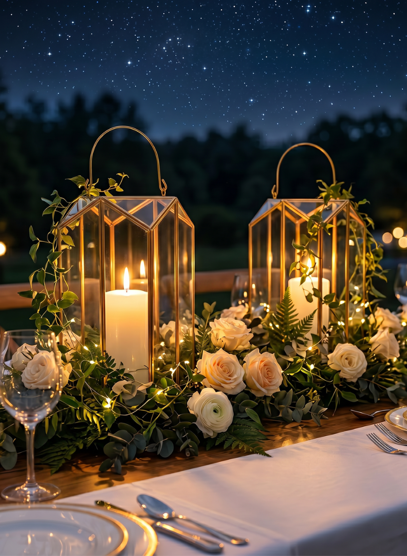An outdoor table at night features an 11in Tall Emerald Cut Glass Lantern with a lit candle as a stunning wedding centerpiece, accented by white roses and greenery. Wine glasses and plates are neatly arranged under the starry sky.