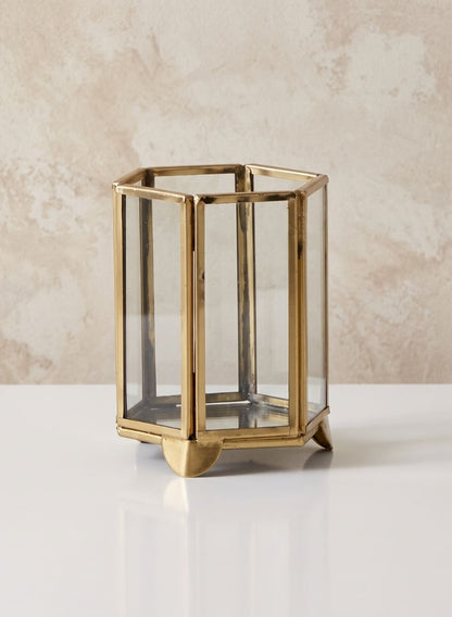 4in Tall Gold Hexagon Glass Tea Light Holder Decor Jamali Garden
