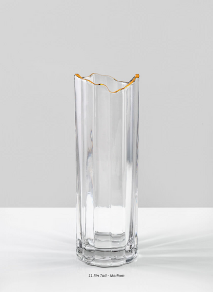 Waves Gold Rim Faceted Vase Decor Jamali Garden Clear/Gold 11.5in Tall - Medium EACH