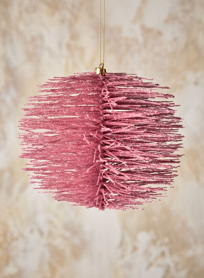 7in Round Pink Glitter Brush Ornament Ball, Case of 12 Decor Jamali Garden