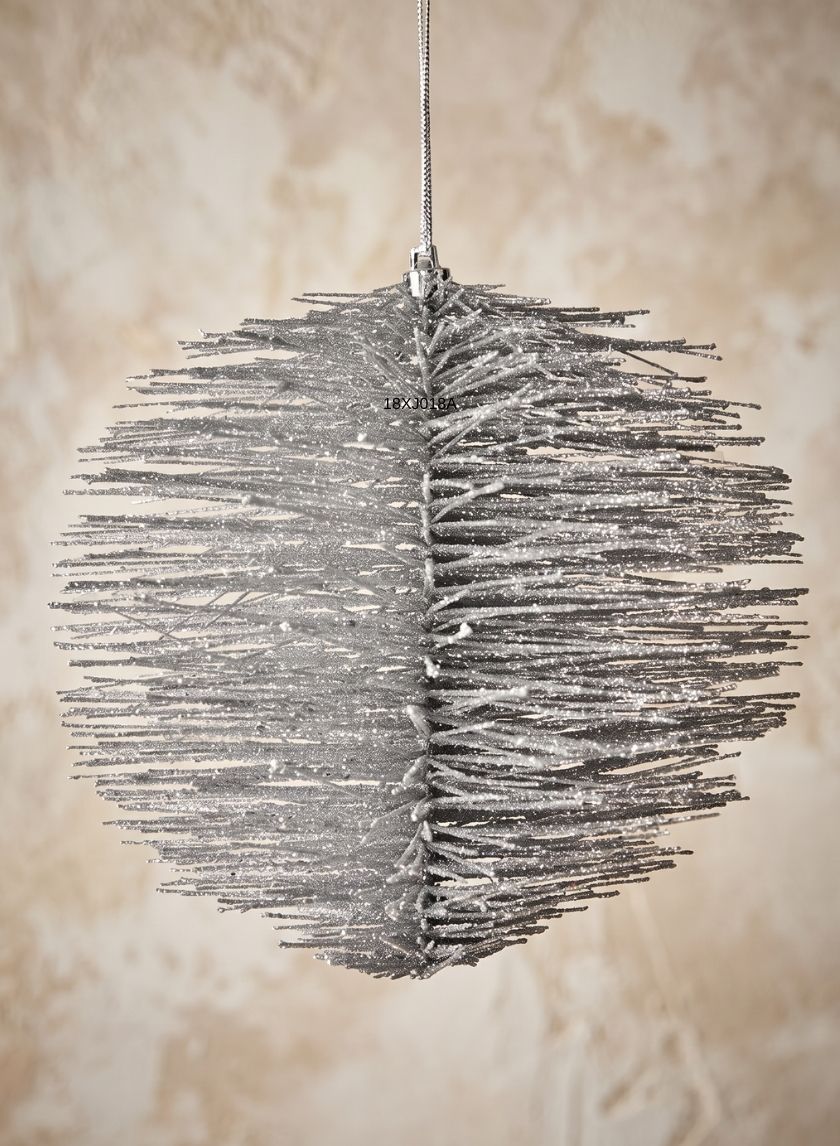 7in Round Silver Glitter Brush Ornament Ball, Case of 12 Decor Jamali Garden