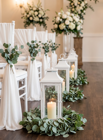 White Hampton Lanterns with glowing candles line an aisle of white chairs draped in fabric and adorned with eucalyptus, while large white floral arrangements create a softly lit backdrop.