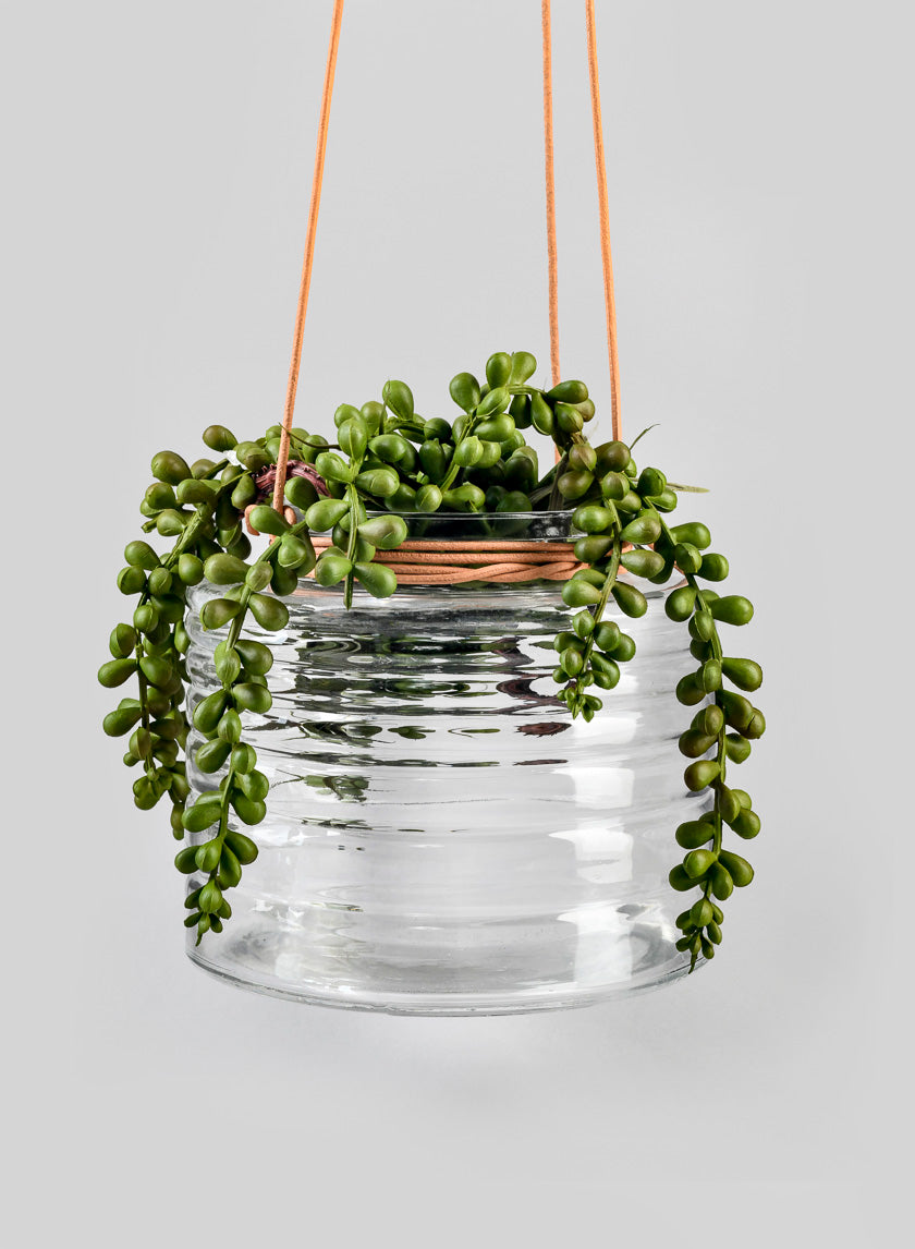 hanging glass vase for plants 5in Tall Hanging Rippled Glass Vase